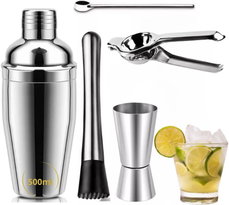 Kit Caipirinha Profissional, 750ml e 500ml, Kit Coqueteleira 5 Peças em Aço Inox, Shaker com Medidor e Acessórios para Bar (500ml)