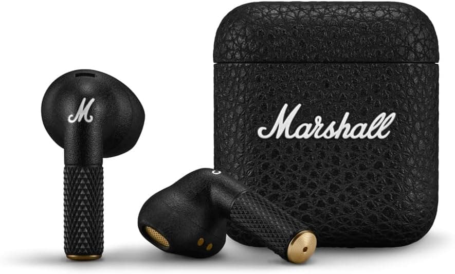 Marshall Minor IV True Wireless In Ear Headphones - Black | Tempo de reprodução de mais de 30 horas com estojo de carregamento | Microfone para chamadas | Design IPX4 resistente à água