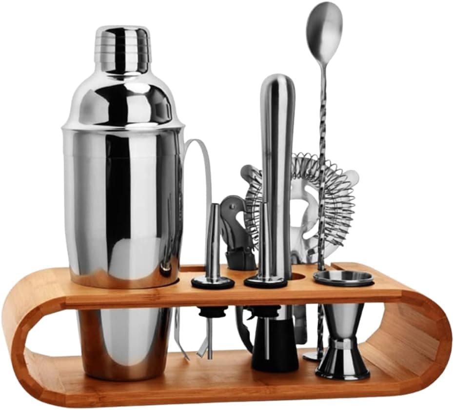 Kit Coqueteleira Inox 12 Peças com Suporte de Madeira – Completo para Drinks, Caipirinha e Coquetéis Profissionais