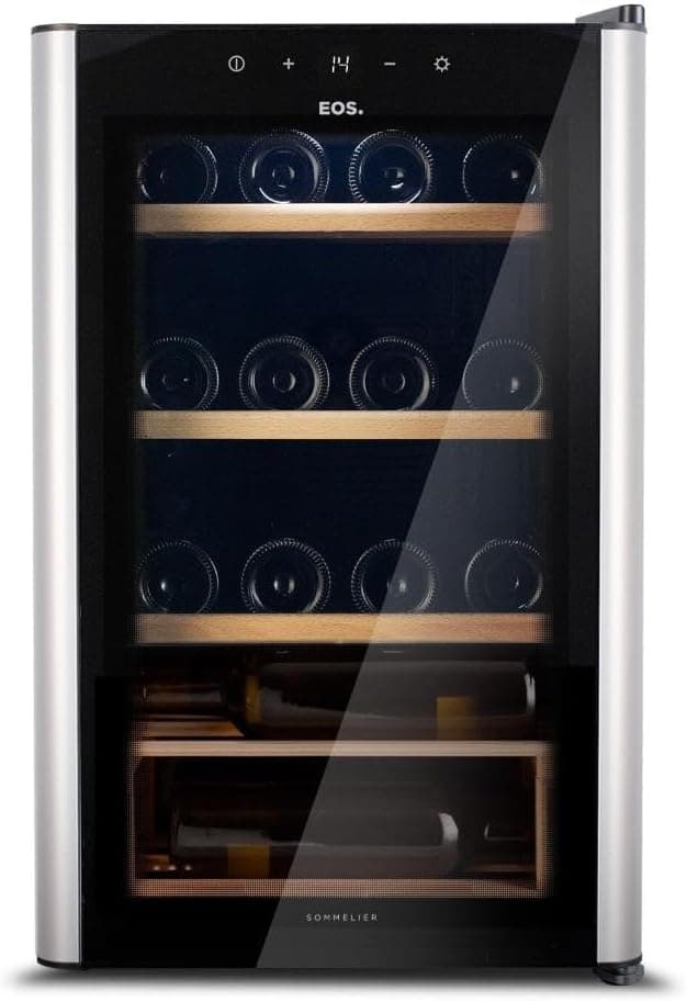 Adega Climatizada 22 Garrafas Eos Premium com Porta de Vidro e Inox Prateleira de Madeira com Compressor Eac24im 220v