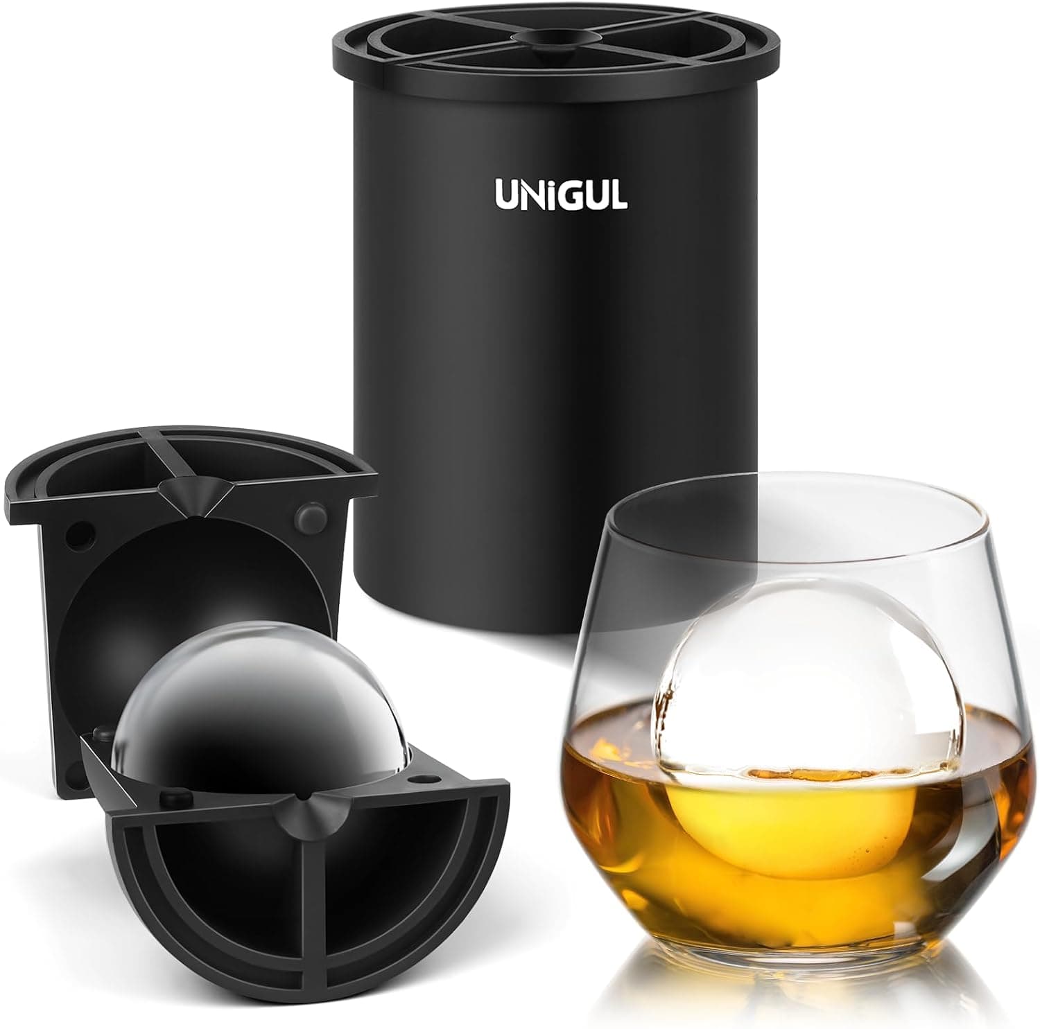 Máquina de cubos de gelo transparente, 6,3 cm de aço inoxidável, moldes de cubos de gelo de silicone premium sem BPA para uísque e coquetéis, máquina de gelo esférica de liberação fácil, presentes de
