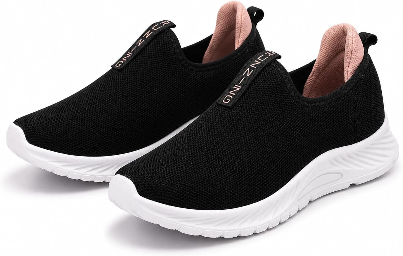 Tênis Feminino Slip On Preto com Rosa Bebê Leve e Confortável Tecido Respirável Sem Cadarço Ideal para Caminhada Academia Trabalho e Dia a Dia (Preto/Nude, BR, Adulto, Numérico, M, 37)