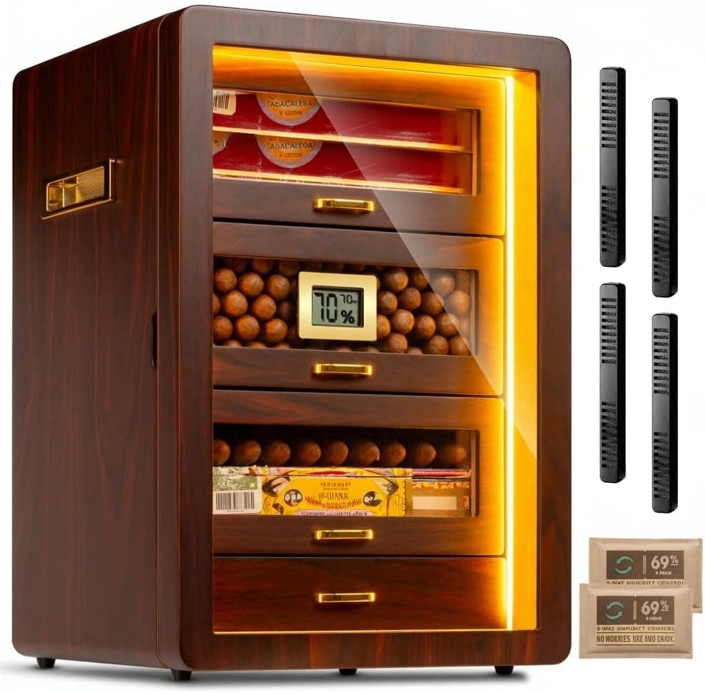 Marvero - Armário Umidificador de Charuto de Mesa com Luz Tripla, Higrômetro Digital, 4 Gavetas de Cedro, 200 Charutos