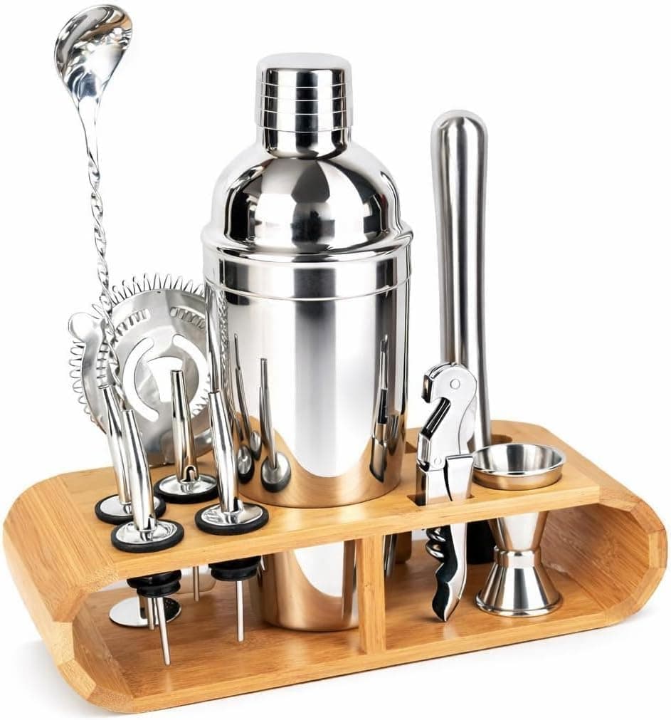 Kit Premium de Coquetelaria em Aço Inox com Suporte de Bambu. Bar Completo para Drinks Profissionais em Casa
