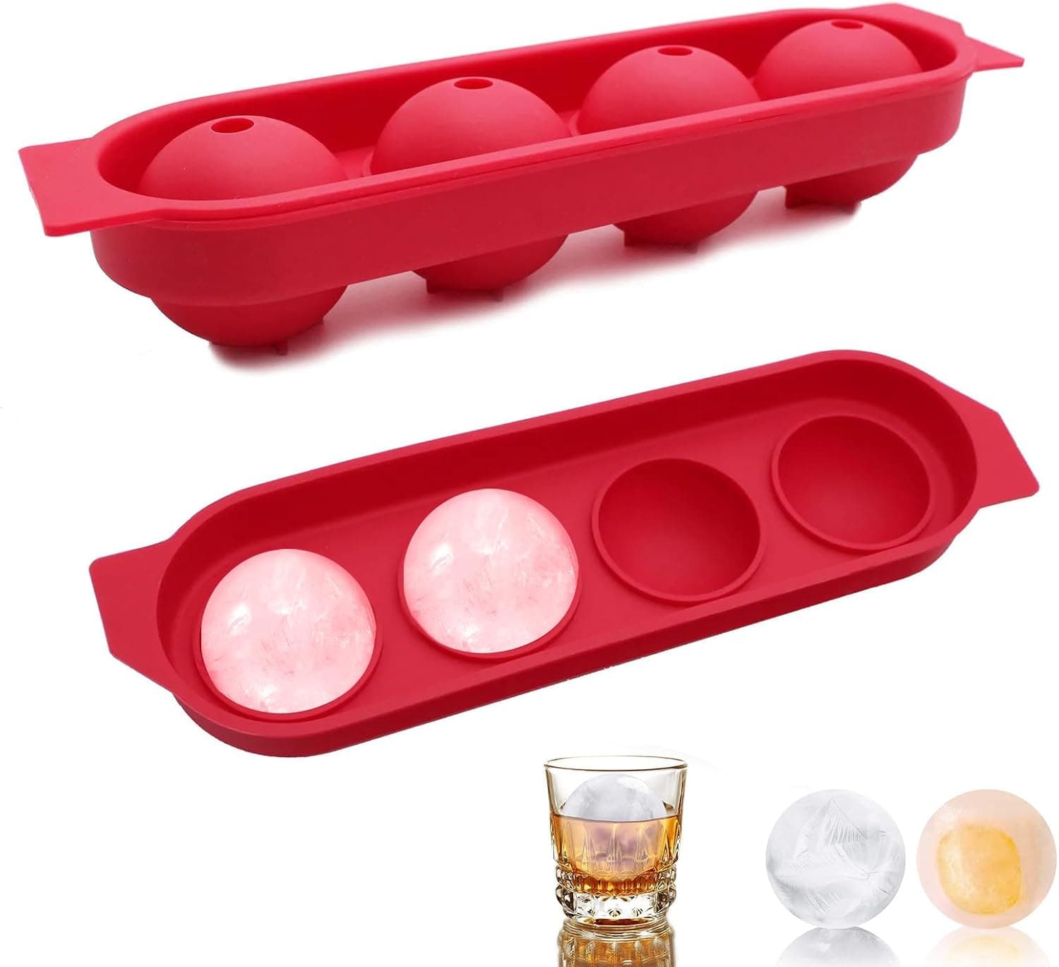 Forma de Gelo Whisky Com 4 Moldes de Redonda, Forma de Gelo Redonda, Material de Silicone Resistente e Flexível (Vermelho)