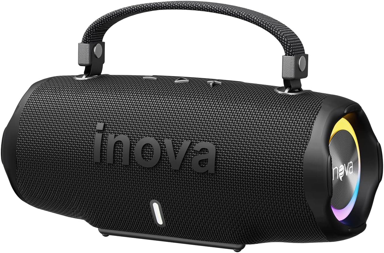 INAVA Caixa de Som Bluetooth 5.4 com Música 12 Horas por Dia - Som Estéreo Explosivo, Luzes RGB Coloridas, Impermeável IPX6 - Sua Companheira Perfeita para Praia, Acampamento e Festas (Preto)