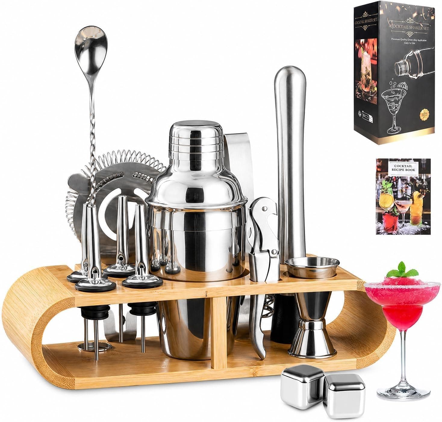 MYBEEM Kit Coqueteleira Profissional em Inox 304 630ml Suporte de Bambu | 12 Peças com Suporte de Bambu, Kit Bartender Completo para Drinks e Coquetéis, Ideal para Bar em Casa, Festas e Presentes