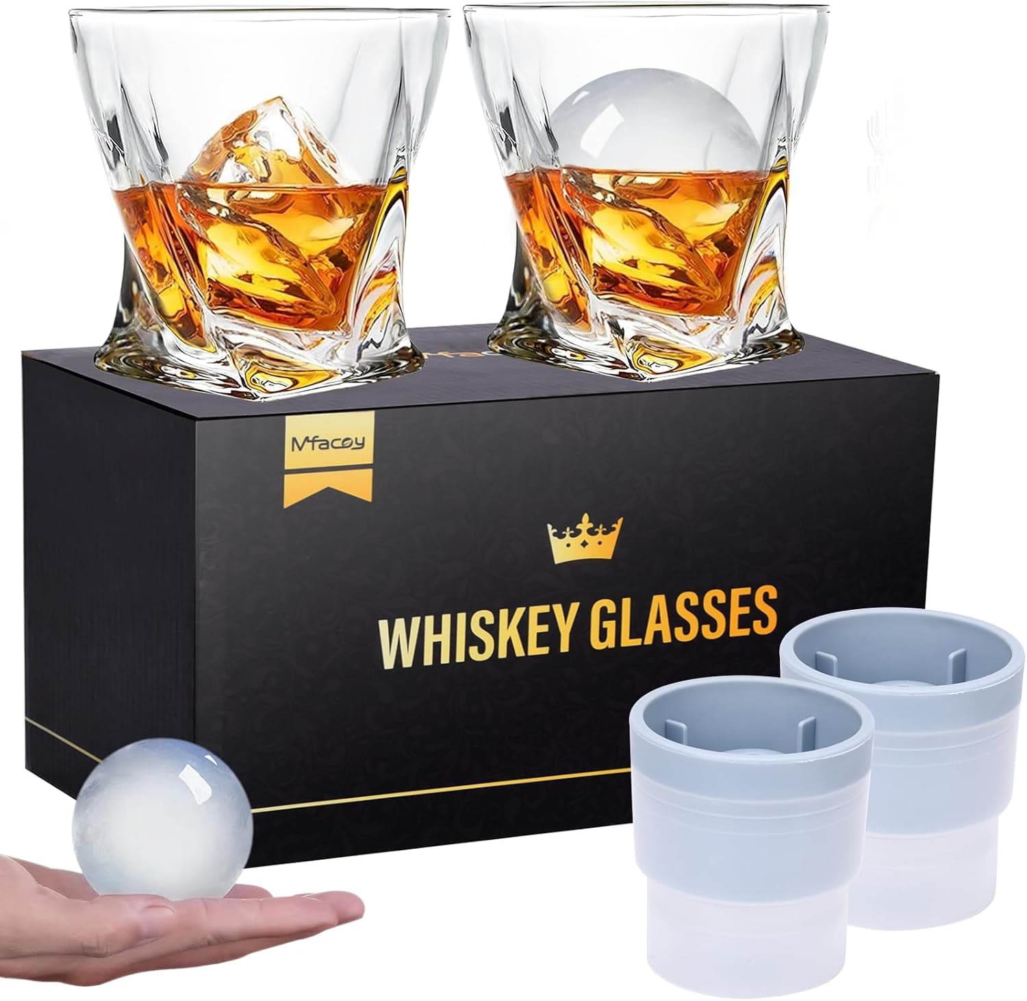 Mfacoy Conjunto de 4 copos de uísque à moda antiga (2 copos de cristal Bourbon, 2 moldes redondos grandes de bolas de gelo 325 ml, vidro com caixa de presente, utensílios de bar para coquetel escocês,