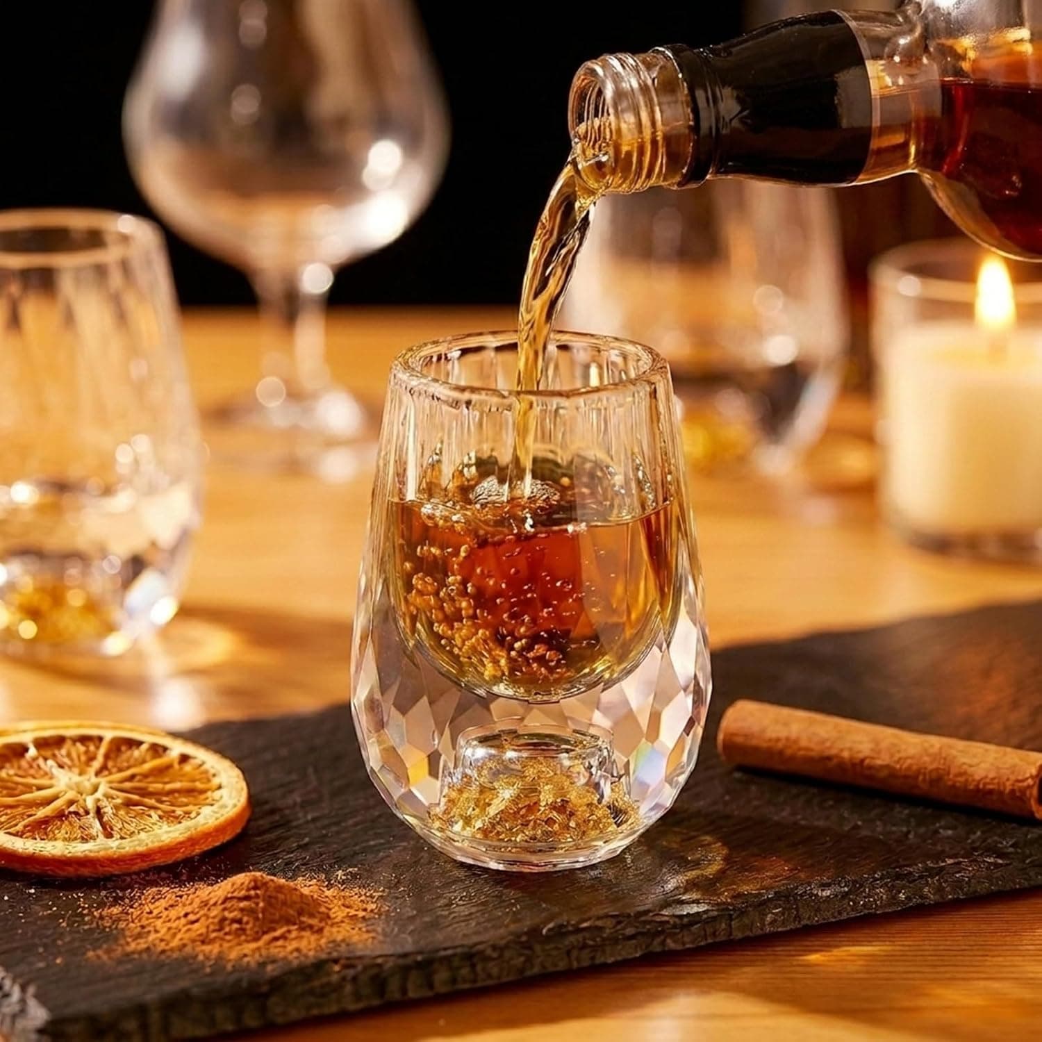 Conjunto de copos de shot de cristal, 1 peça, copos facetados de diamante sem chumbo de 42,5 g, com flocos de folha de ouro 24K, base pesada de luxo para tequila, vodka, uísque, decoração de bar em