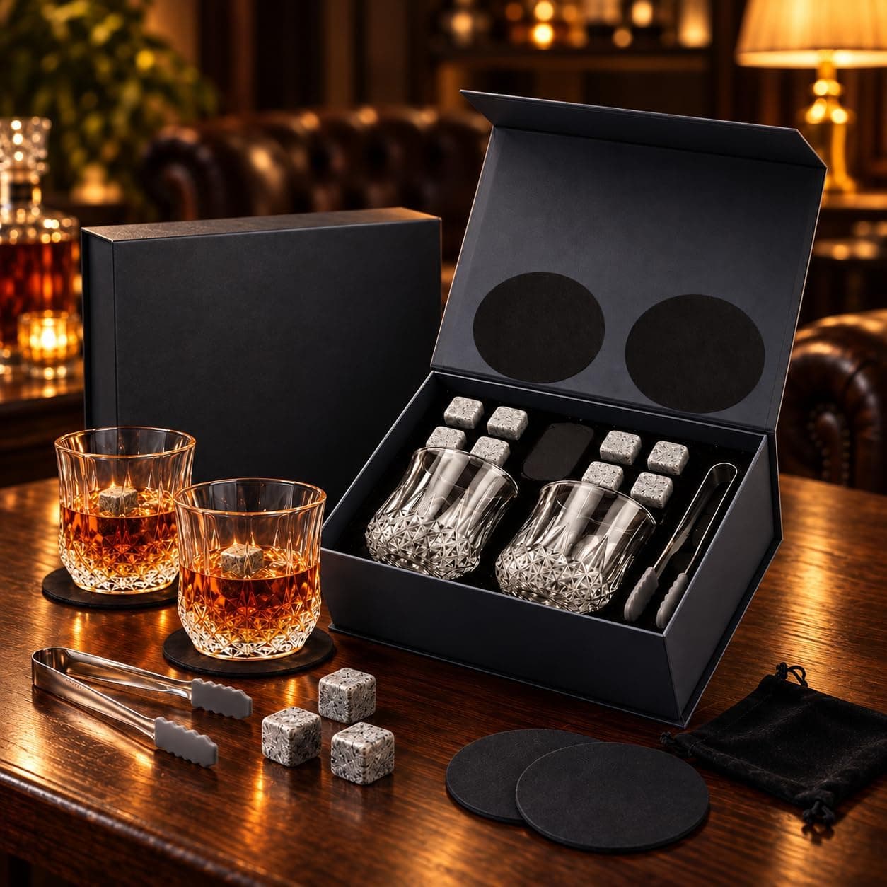 MYBEEM Kit Whisky, Kit Whisky Presente, Inclui Inox Pedras, Caixa Presente | Whisky Kit, Embalagem Premium para Dia Dos Pais, Natal, Aniversário, Aposentadoria e Presente para Padrinhos