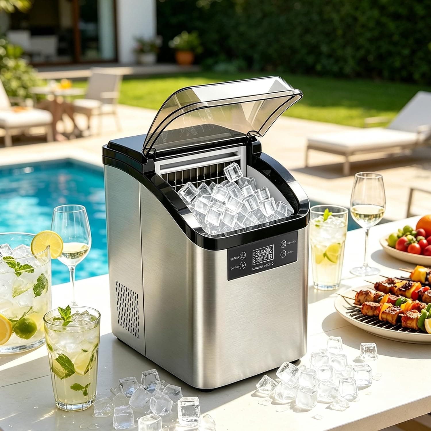 Máquina de Gelo Portátil Premium 20kg/Dia, Gelo Rápido em 8 Min,127V | Reservatório 2,5L,Produz 24 unidades de gelo por ciclo,Limpeza Automática, Ideal para Casa e Bar