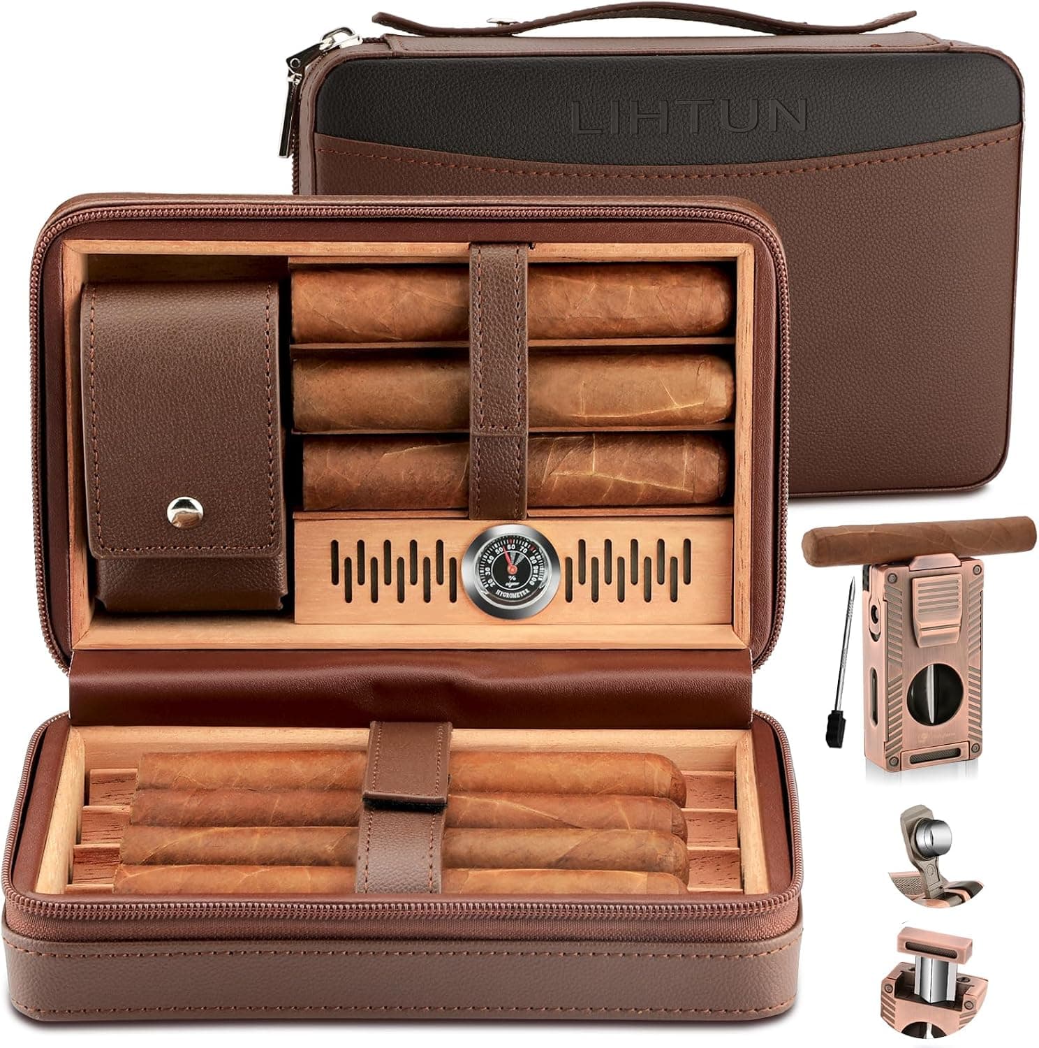 LIHTUN Umidor de charuto, caixa de couro de cedro para viagem para charutos e multifuncional em 1 conjunto de isqueiro portátil para viagem, caixa de presente de charuto para homens (marrom)