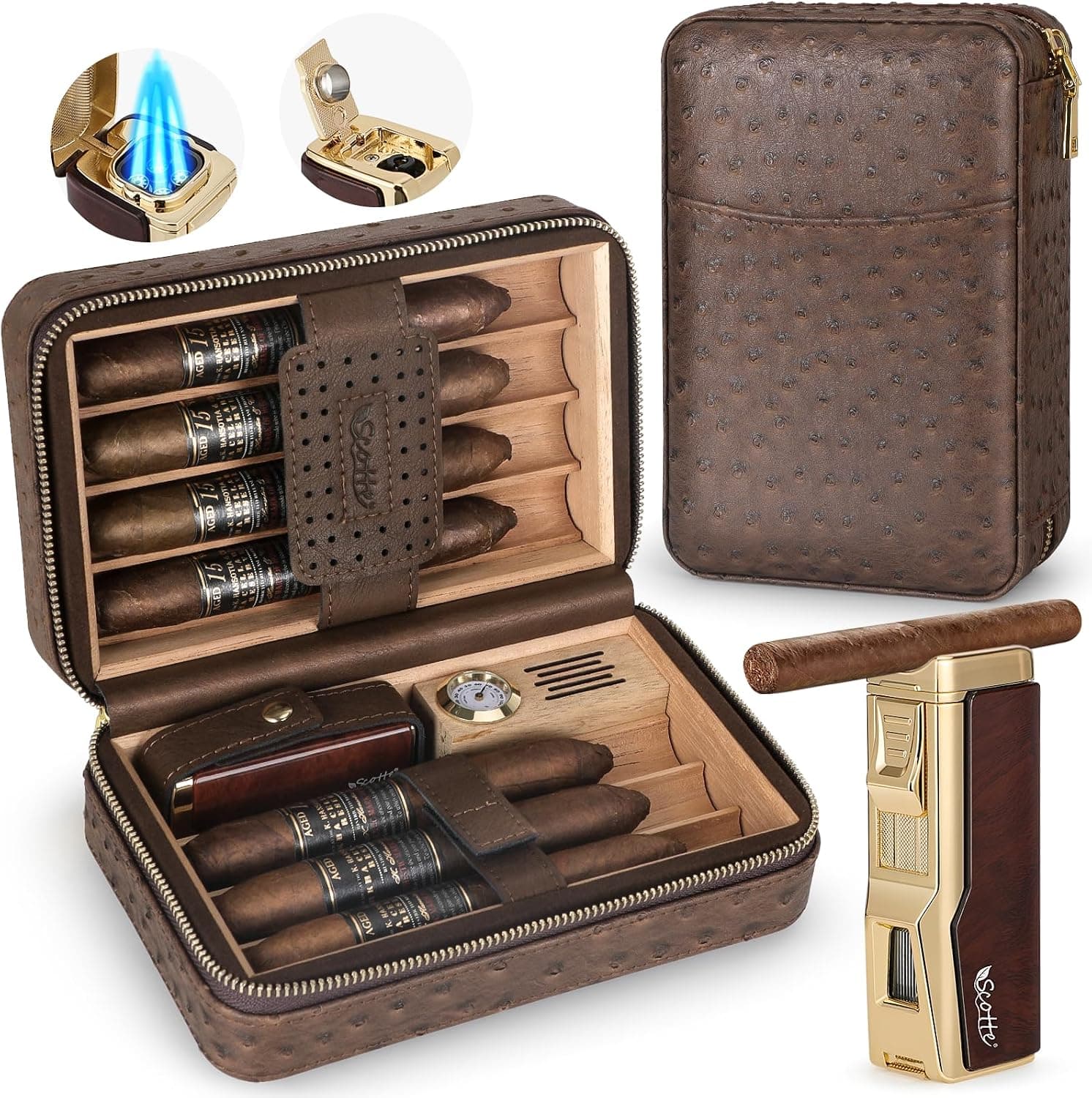 Scotte Caixa de umidificador de charuto, acendedor de charuto, capa de couro forrada com madeira de cedro, higrômetro e umidificador embutidos, isqueiro com suporte para charutos, kit de umidificador