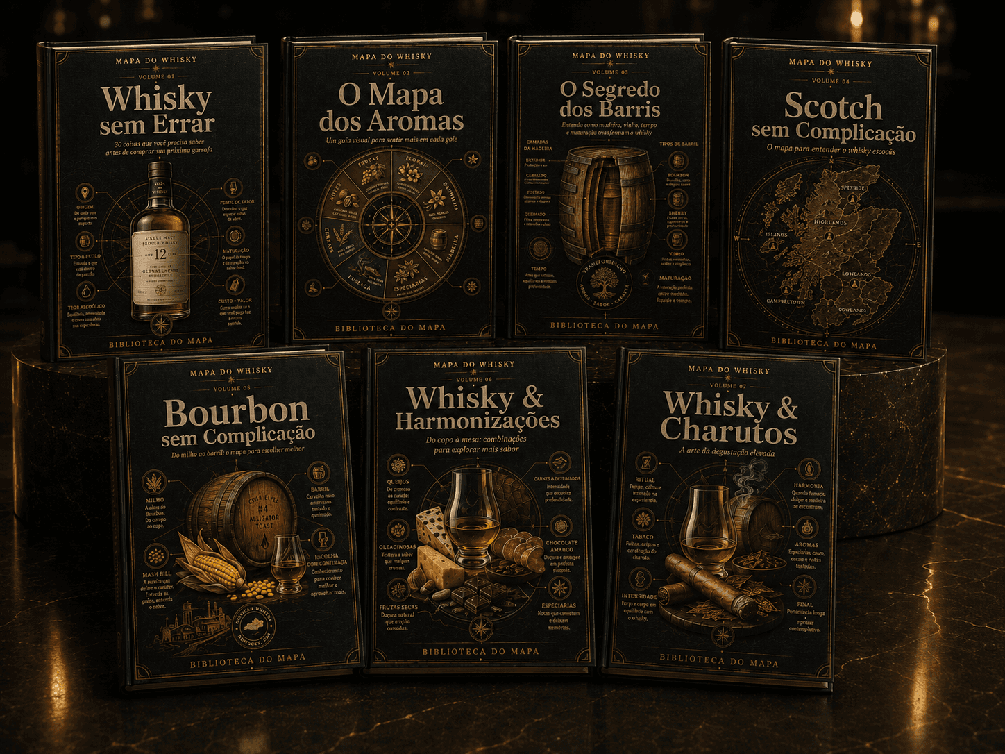 Biblioteca Completa do Mapa com sete livros digitais sobre whisky