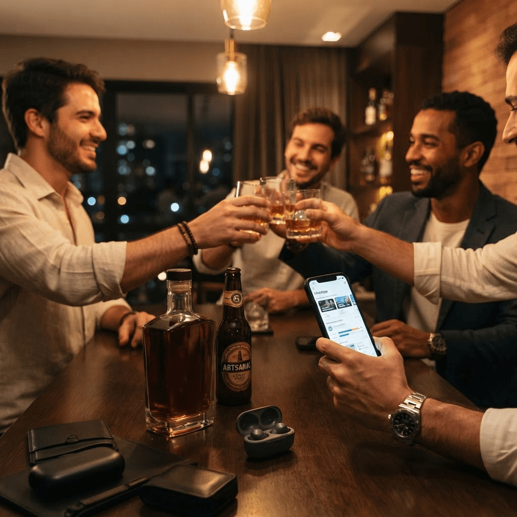 Amigos brindando enquanto acompanham oportunidades de bebidas, tecnologia e itens masculinos no celular