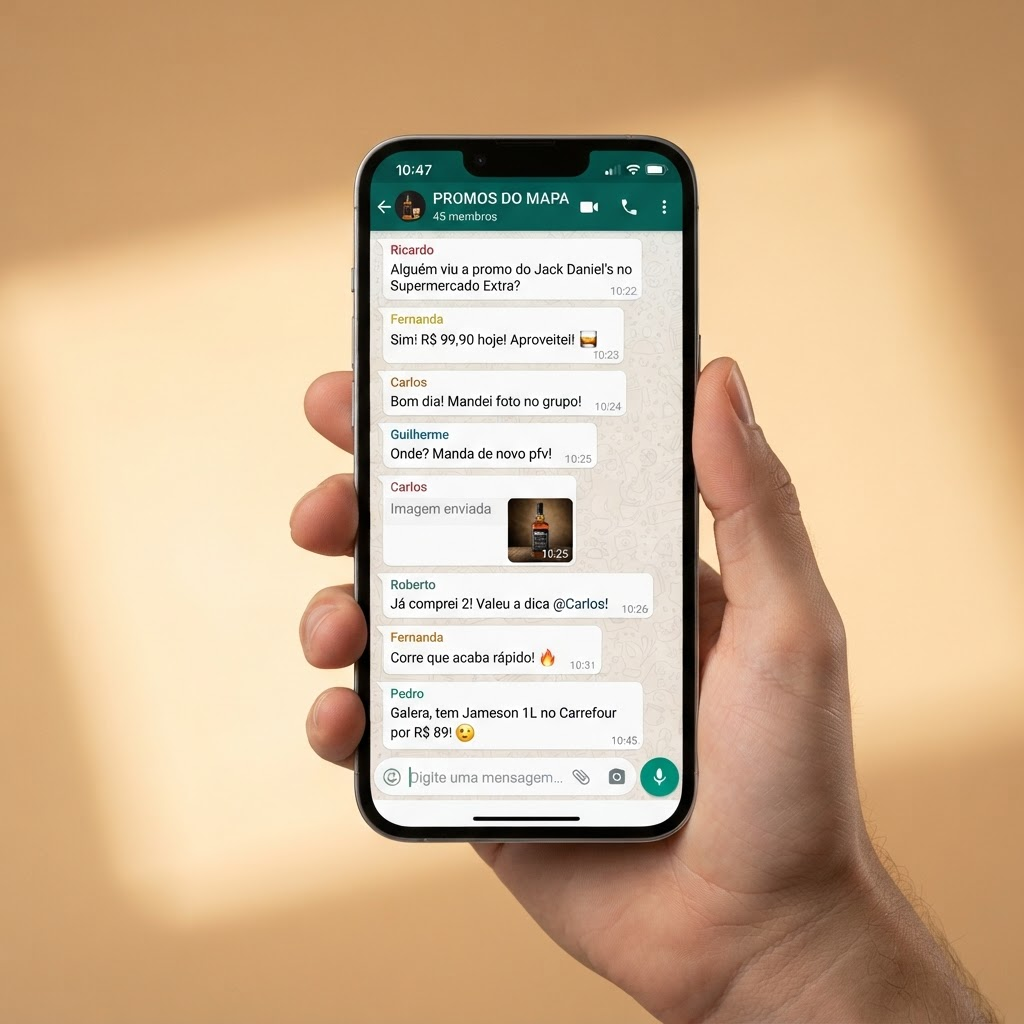Grupo do WhatsApp PROMOS DO MAPA na tela de um celular